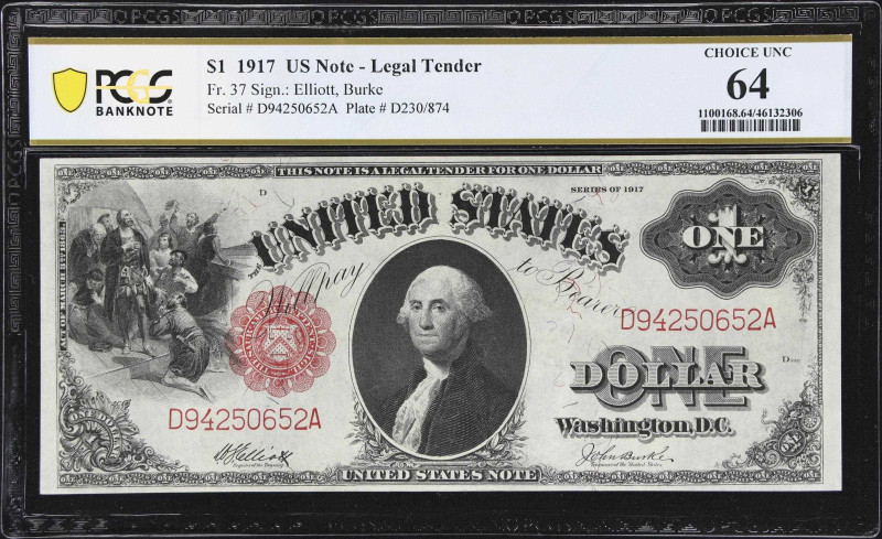 Fr. 37. 1917 $1 Legal Tender Note. PCGS Banknote Choice Uncirculated 64.
A love...