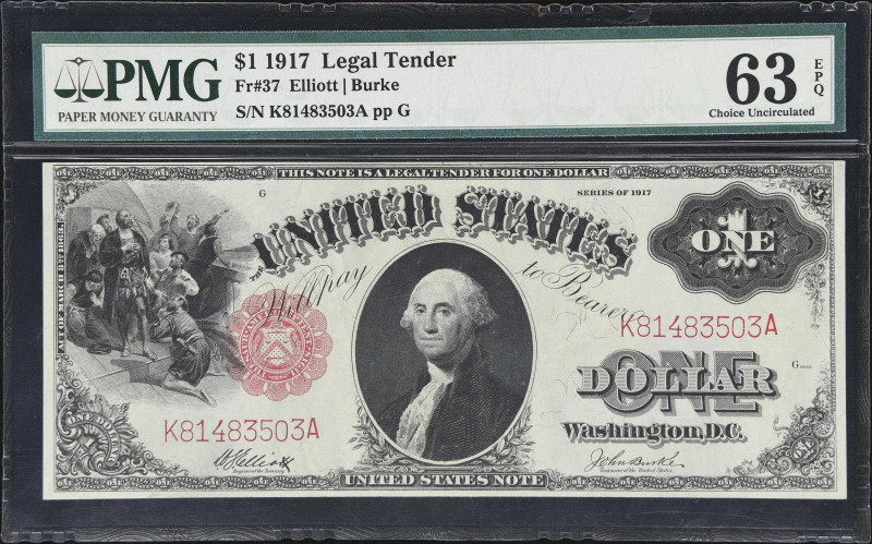 Fr. 37. 1917 $1 Legal Tender Note. PMG Choice Uncirculated 63 EPQ.
A better sig...