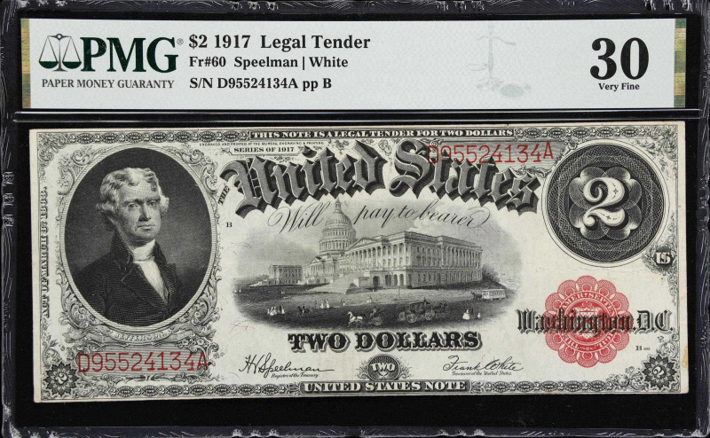 Fr. 60. 1917 $2 Legal Tender Note. PMG Very Fine 30.
A vibrant red overprint is...