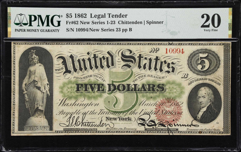 Fr. 62. 1862 $5 Legal Tender Note. PMG Very Fine 20.
A fairly scarce Friedberg ...