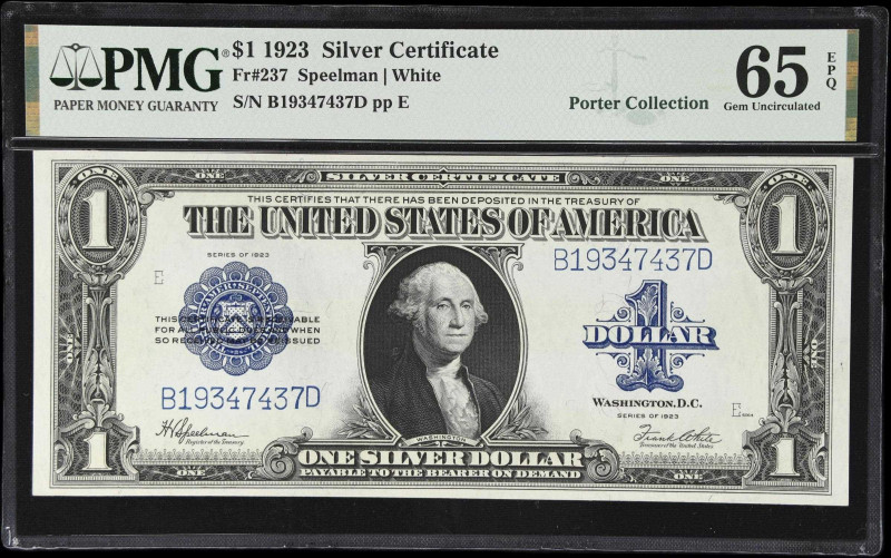 Fr. 237. 1923 $1 Silver Certificate. PMG Gem Uncirculated 65 EPQ.
A bright and ...