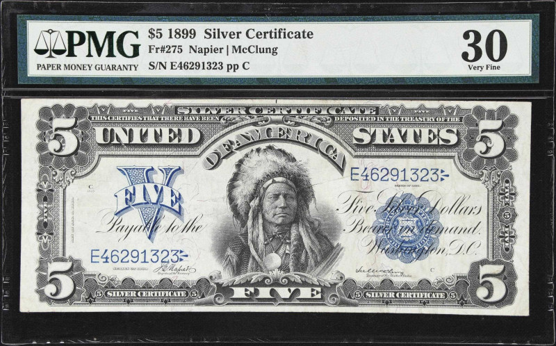 Fr. 275. 1899 $5 Silver Certificate. PMG Very Fine 30.
A mid-grade example of t...