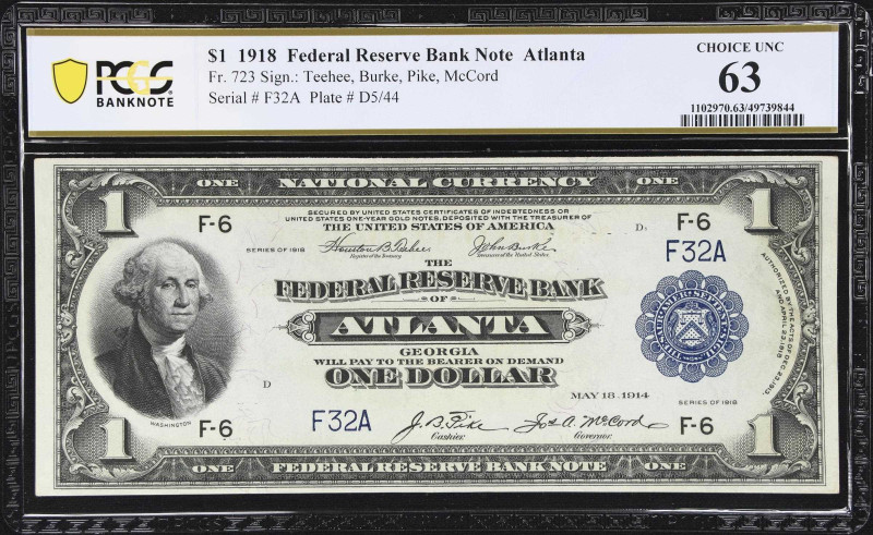 Fr. 723. 1918 $1 Federal Reserve Bank Note. Atlanta. PCGS Banknote Choice Uncirc...