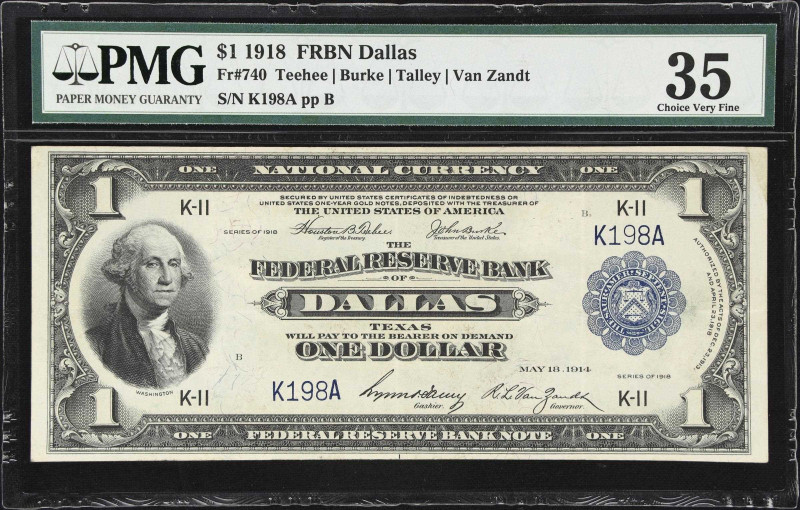 Fr. 740. 1918 $1 Federal Reserve Bank Note. Dallas. PMG Choice Very Fine 35. Low...