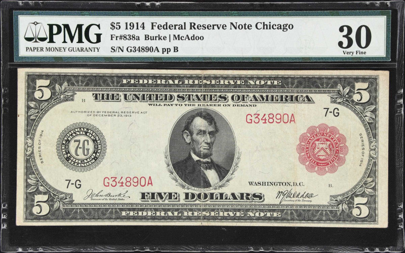 Fr. 838a. 1914 Red Seal $5 Federal Reserve Note. Chicago. PMG Very Fine 30.
Oft...