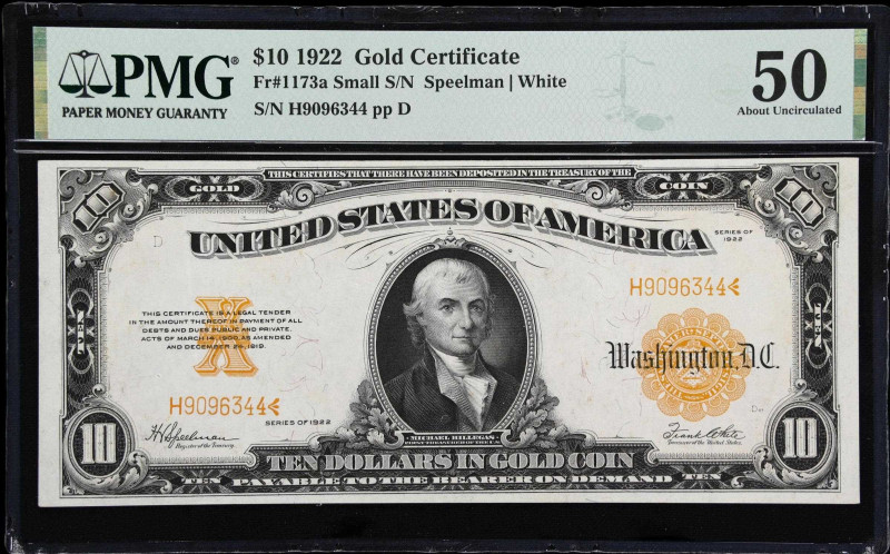 Fr. 1173a. 1922 $10 Gold Certificate. PMG About Uncirculated 50.
Great color is...