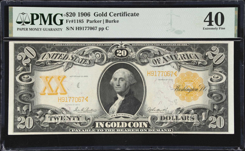 Fr. 1185. 1906 $20 Gold Certificate. PMG Extremely Fine 40.
Issued during the s...