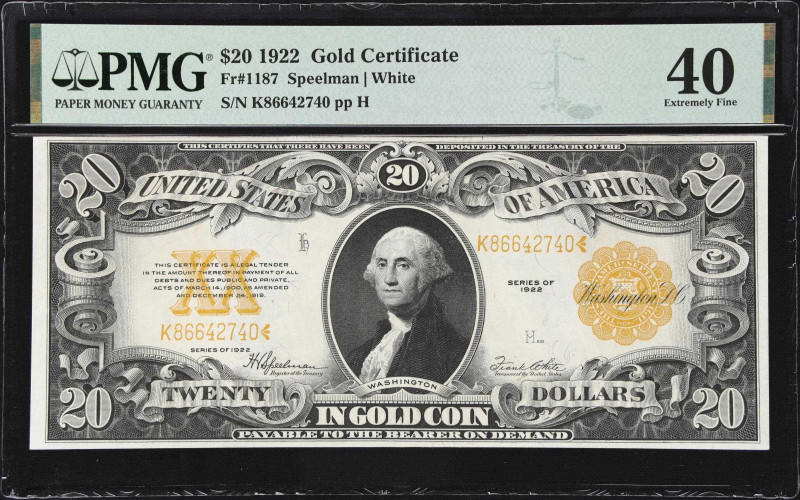 Fr. 1187. 1922 $20 Gold Certificate. PMG Extremely Fine 40.
Washington on a $20...