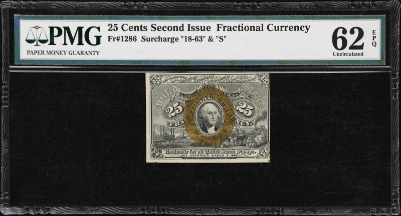 Fr. 1286. 25 Cents. Second Issue. PMG Uncirculated 62 EPQ.
Surcharge "18-63" an...