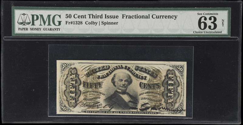 Fr. 1328. 50 Cents. Third Issue. PMG Choice Uncirculated 63 Net. Ink Burn on Spi...