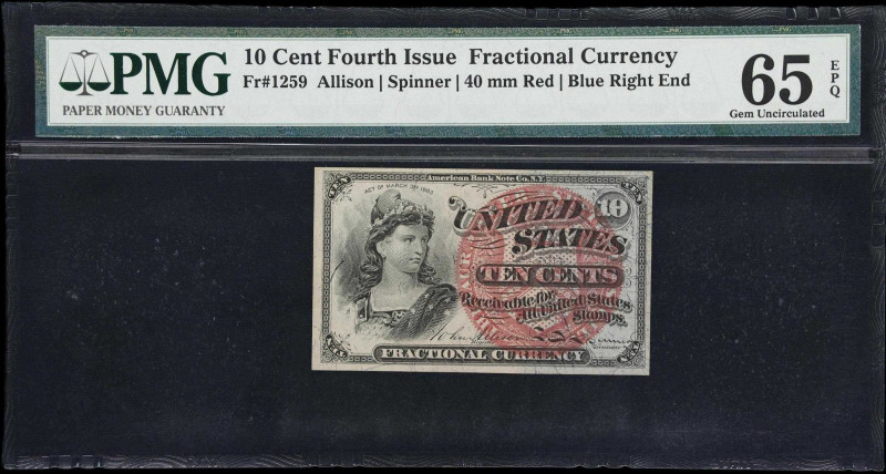 Fr. 1259. 10 Cents. Fourth Issue. PMG Gem Uncirculated 65 EPQ.
A nicely margine...