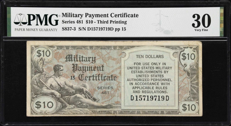 Military Payment Certificate. Series 481. $10. PMG Very Fine 30. Third Printing....