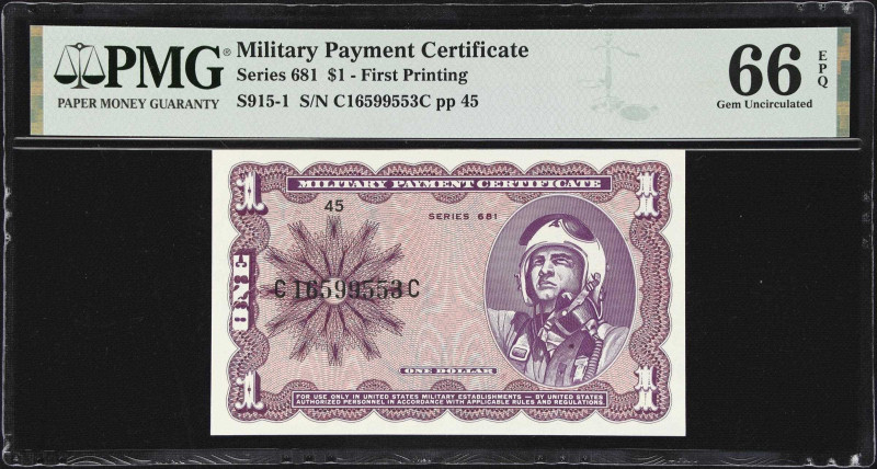 Military Payment Certificate. Series 681. $1 PMG Gem Uncirculated 66 EPQ. First ...