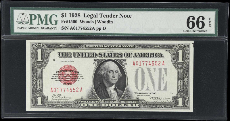 Fr. 1500. 1928 $1 Legal Tender Note. PMG Gem Uncirculated 66 EPQ.
Great centeri...