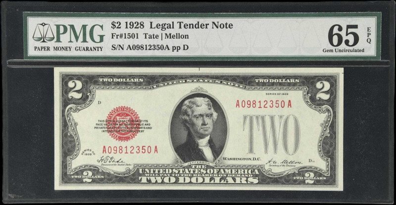 Fr. 1501. 1928 $2 Legal Tender Note. PMG Gem Uncirculated 65 EPQ.
Strong emboss...