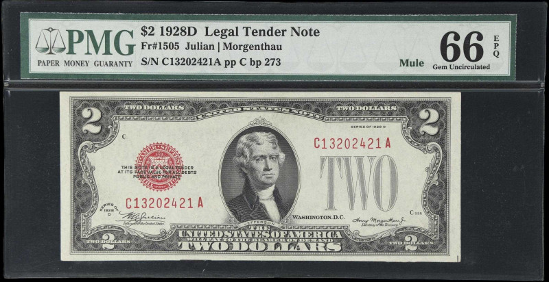 Fr. 1505. 1928D $2 Legal Tender Mule Note. PMG Gem Uncirculated 66 EPQ.
Excelle...