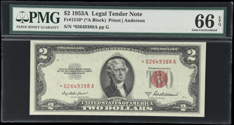 Fr. 1510*. 1953A $2 Legal Tender Star Note. PMG Gem Uncirculated 66 EPQ.
Great ...