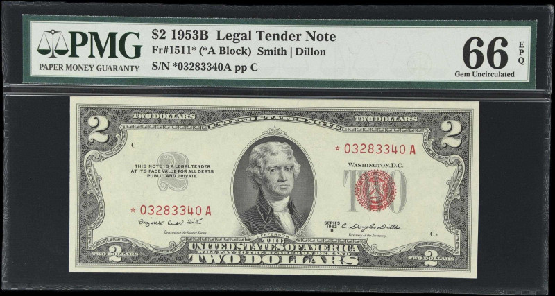 Fr. 1511*. 1953B $2 Legal Tender Star Note. PMG Gem Uncirculated 66 EPQ.
A plea...