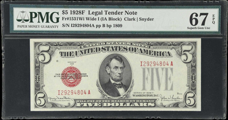 Fr. 1531Wi. 1928F $5 Legal Tender Note. PMG Superb Gem Uncirculated 67 EPQ.
Bac...