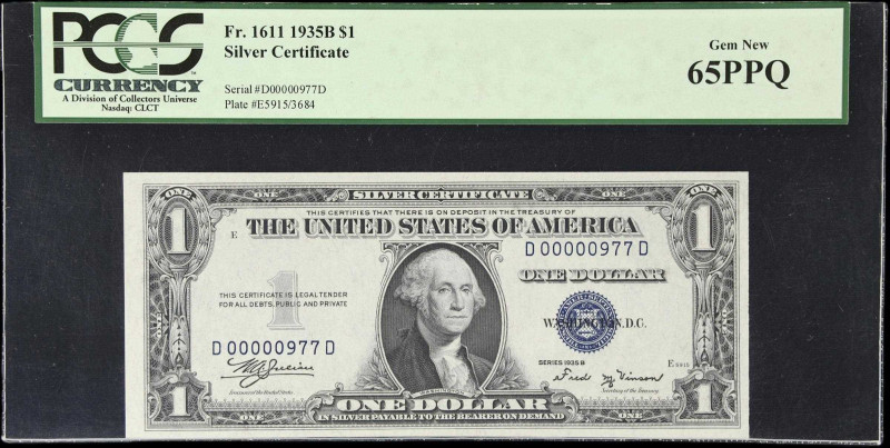 Fr. 1611. 1935B $1 Silver Certificate. PCGS Currency Gem New 65 PPQ.
Three digi...