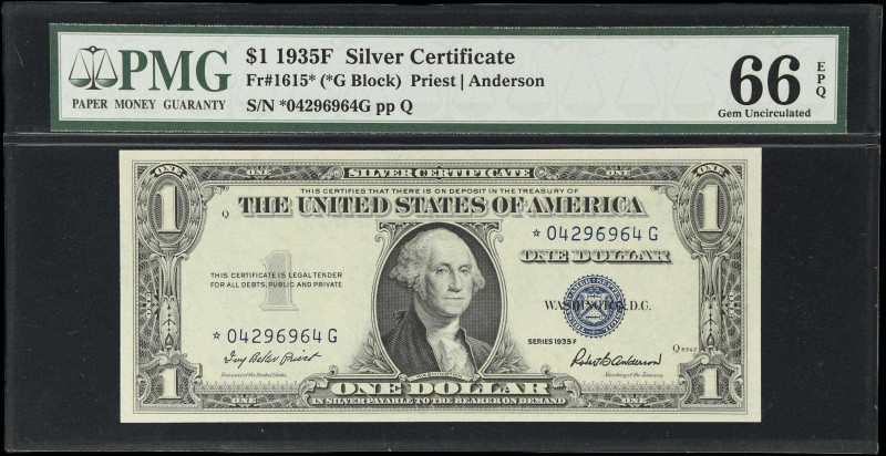 Fr. 1615*. 1935F $1 Silver Certificate Star Note. PMG Gem Uncirculated 66 EPQ.
...