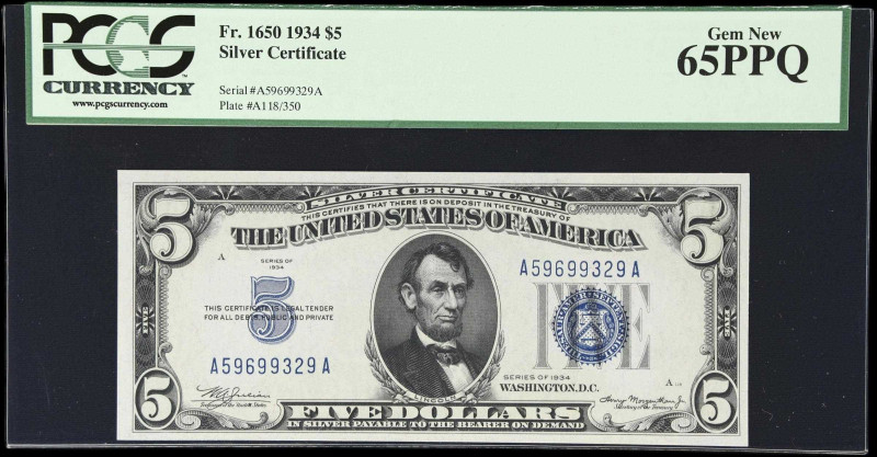 Fr. 1650. 1934 $5 Silver Certificate. PCGS Currency Gem New 65 PPQ.
A boldly in...