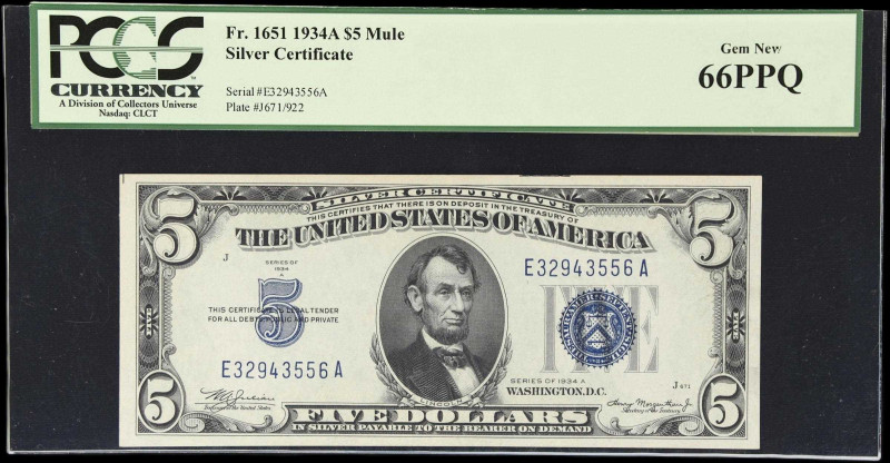 Fr. 1651m. 1934A $5 Silver Certificate Mule Note. PCGS Currency Gem New 66 PPQ....