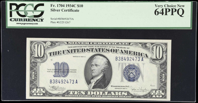 Fr. 1704. 1934C $10 Silver Certificate. PCGS Currency Very Choice New 64 PPQ.
A...