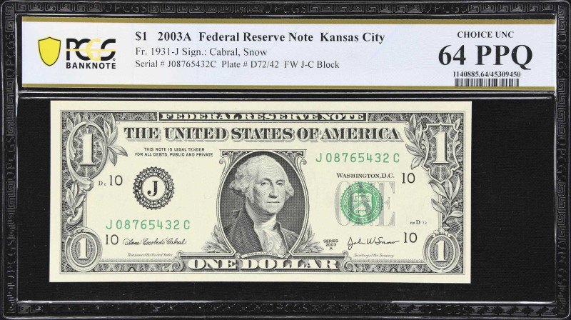 Fr. 1931-J. 2003A $1 Federal Reserve Note. Kansas City. PCGS Banknote Choice Unc...