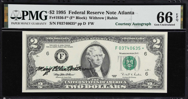 Lot of (2). Fr. 1936-F*. 1995 $2 Federal Reserve Star Notes. Atlanta. PMG Gem Un...