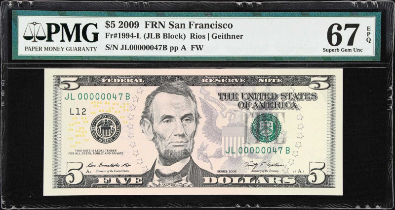 Fr. 1994-L. 2009 $5 Federal Reserve Note. San Francisco. PMG Superb Gem Uncircul...