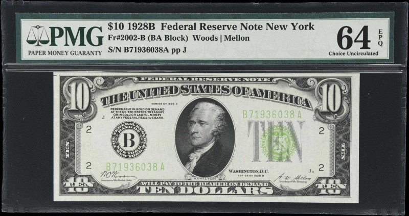 Fr. 2002-B. 1928B $10 Federal Reserve Note. New York. PMG Choice Uncirculated 64...