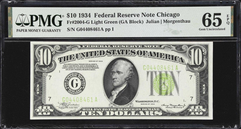 Fr. 2004-G. 1934 Light Green Seal $10 Federal Reserve Note. Chicago. PMG Gem Unc...