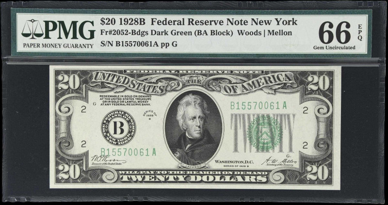 Fr. 2052-Bdgs. 1928B $20 Federal Reserve Note. New York. PMG Gem Uncirculated 66...