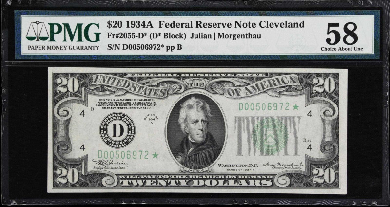 Fr. 2055-D*. 1934A $20 Federal Reserve Star Note. Cleveland. PMG Choice About Un...