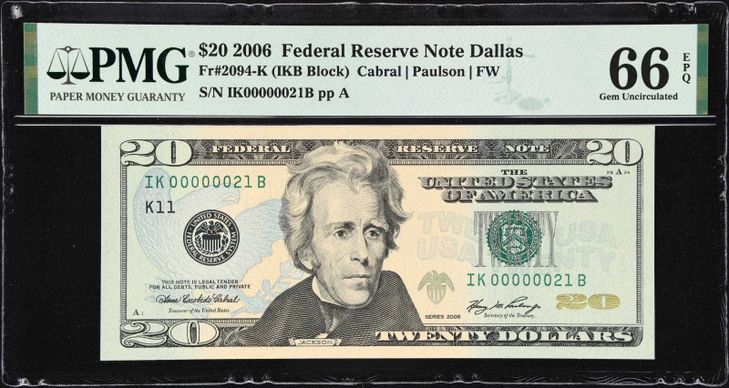 Fr. 2094-K. 2006 $20 Federal Reserve Note. Dallas. PMG Gem Uncirculated 66 EPQ. ...