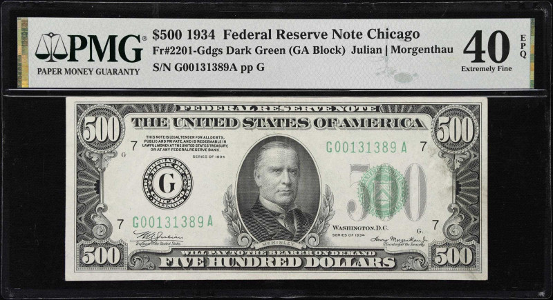 Fr. 2201-Gdgs. 1934 Dark Green Seal $500 Federal Reserve Note. Chicago. PMG Extr...