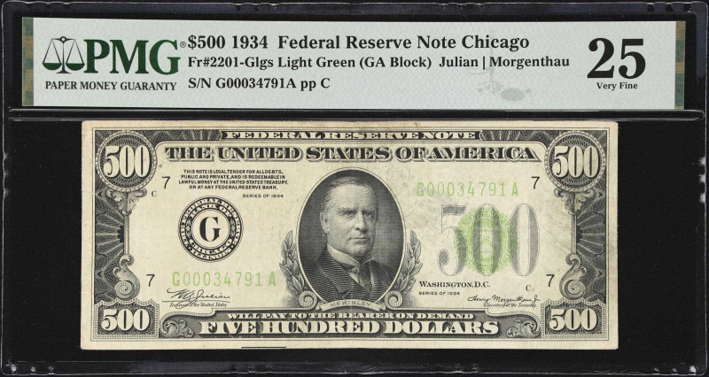 Fr. 2201-Glgs. 1934 Light Green Seal $500 Federal Reserve Note. Chicago. PMG Ver...