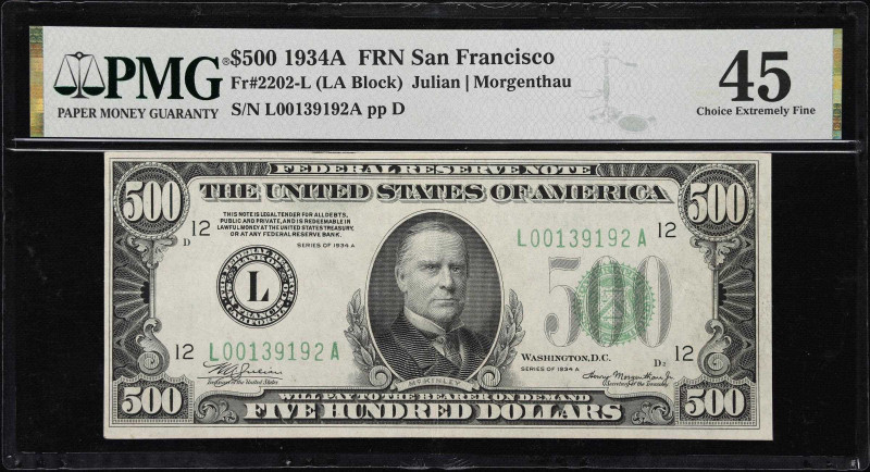 Fr. 2202-L. 1934A $500 Federal Reserve Note. San Francisco. PMG Choice Extremely...