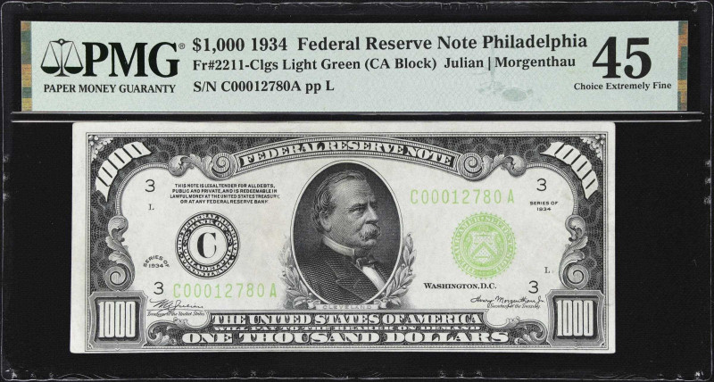 Fr. 2211-Clgs. 1934 Light Green Seal $1000 Federal Reserve Note. Philadelphia. P...