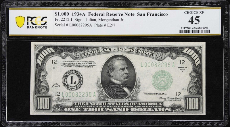 Fr. 2212-L. 1934A $1000 Federal Reserve Note. San Francisco. PCGS Banknote Choic...