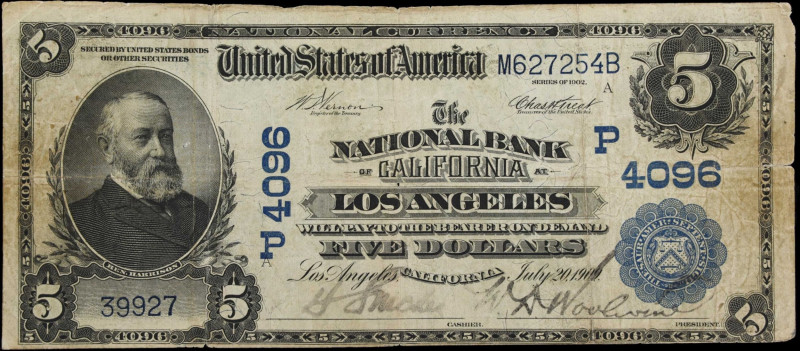 Los Angeles, California. $5 1902 Plain Back. Fr. 600. The NB of California. Char...