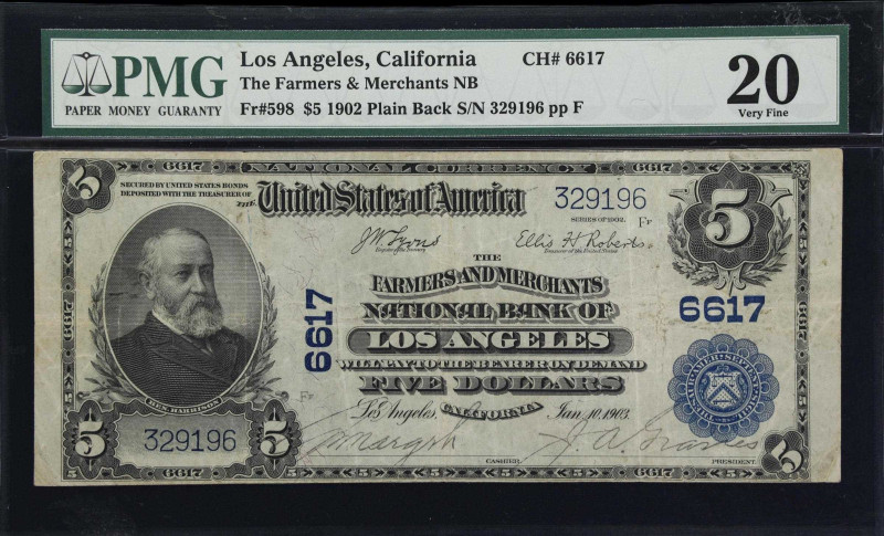 Los Angeles, California. $5 1902 Plain Back. Fr. 598. The Farmers & Merchants NB...