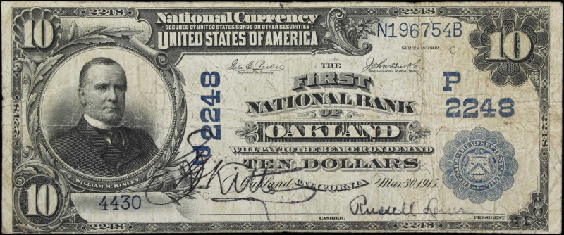 Oakland, California. $10 1902 Date Back. Fr. 623. The First National Bank. Chart...