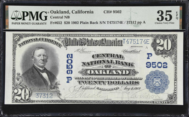 Oakland, California. $20 1902 Plain Back. Fr. 652. Central NB. Charter #9502. PM...