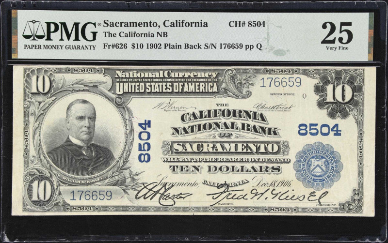 Sacramento, California. $10 1902 Plain Back. Fr. 626. California NB. Charter #85...