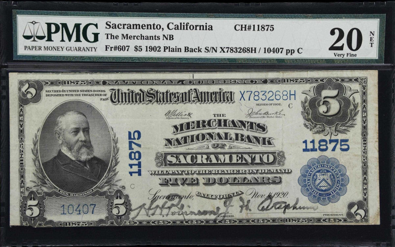 Sacramento, California. $5 1902 Plain Back. Fr. 607. The Merchants NB. Charter #...