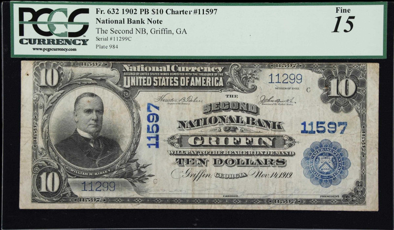 Griffin, Georgia. $10 1902 Plain Back. Fr. 632. The Second NB. Charter #11597. P...