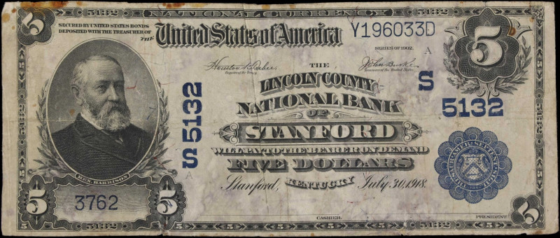 Stanford, Kentucky. $5 1902 Plain Back. Fr. 606. The Lincoln County NB. Charter ...