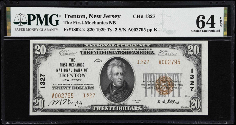 Trenton, New Jersey. $20 1929 Ty. 2. Fr. 1802-2. The First-Mechanics NB. Charter...